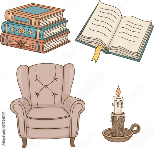 Cozy reading nook illustration with books armchair and candle perfect for relaxation and study time design vector