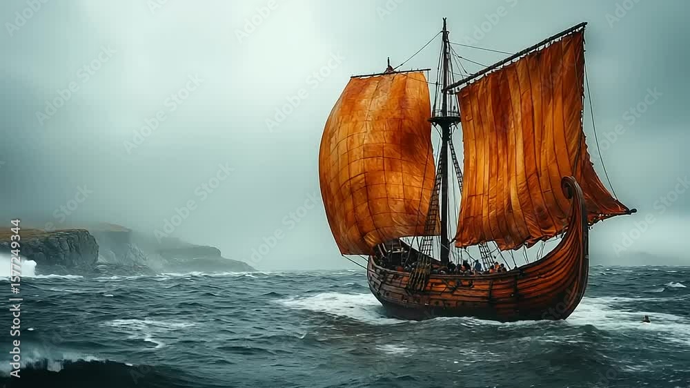 Viking longship in a turbulent sea