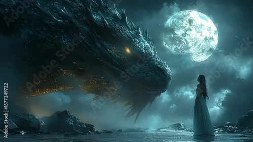 Mythical dragon and a woman under a full moon