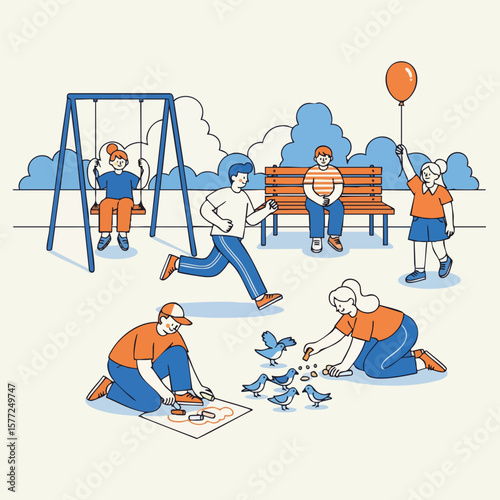 Flat Illustration People Activities in Public Park with Playground