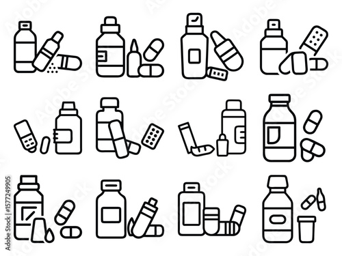 Pharmacy and Medicine Icons - Medical Pills and Healthcare Bottles for Drug Store and Pharmaceutical Industry Applications