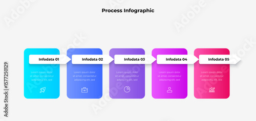 A vibrant infographic depicting a five step process with labeled sections and icons, useful for business and education presentations