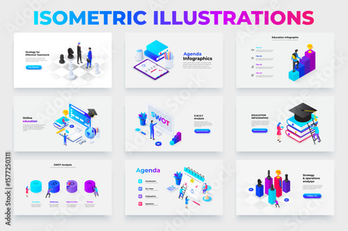 Collection of isometric business and education infographics showcasing teamwork, SWOT, agenda, analysis, learning, and strategy concepts in minimalistic designs.