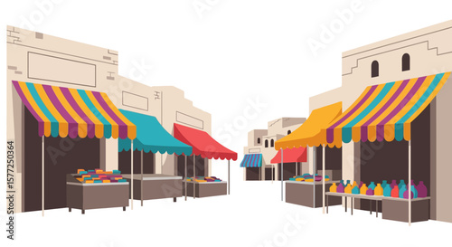 Traditional Street Market with Colorful Stalls and Historic Architecture Illustration