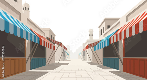 Empty traditional market street with colorful awnings in Middle Eastern style