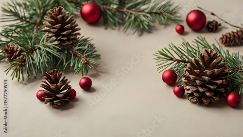 Ramas de abeto con piñas y bolas rojas sobre fondo claro