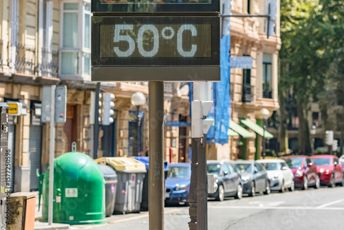 Street thermometer in Bilbao showing extreme 50 degrees Celsius heat in summer