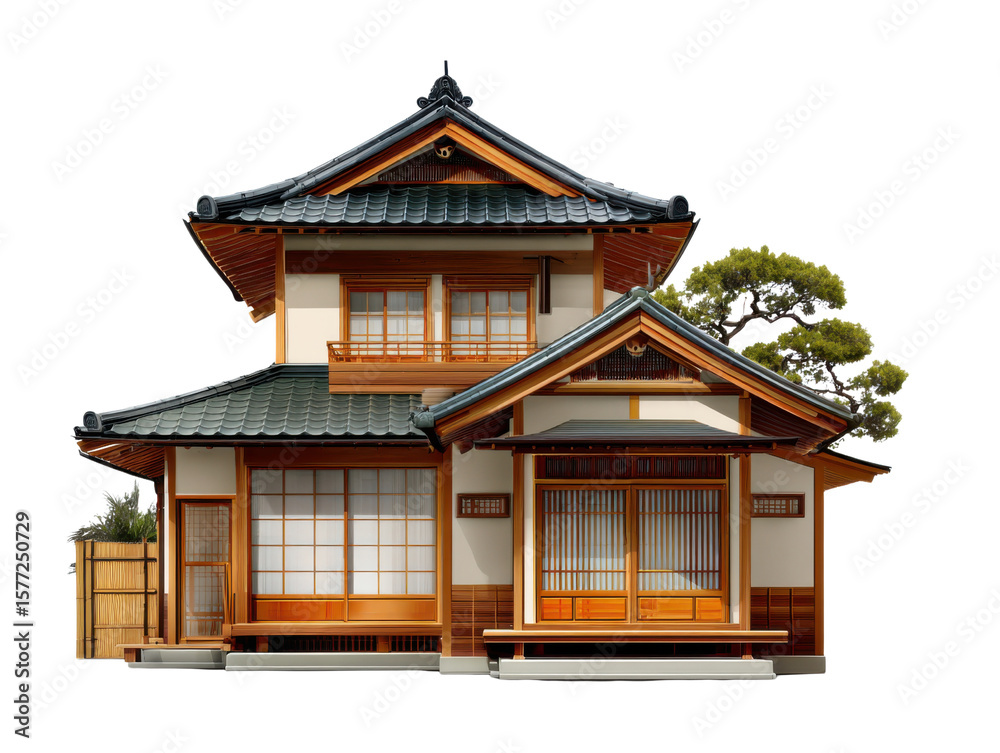 Traditional Japanese House: A serene and elegant two-story traditional Japanese house with dark grey roof, wooden exterior, and shoji screens. Traditional Japanese House: A serene and elegant two-story traditional Japanese house with dark grey roof, wooden exterior, and shoji screens.