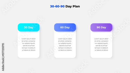 A three segment timeline representing a business 30-day, 60-day, and 90-day action plan agenda with clean and modern design