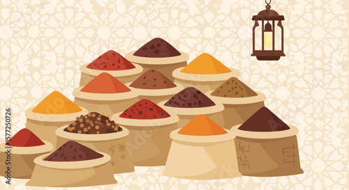 Vibrant Middle Eastern Spices in Sacks with Traditional Lantern and Islamic Pattern
