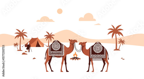 Desert Camp Scene with Camels and Palm Trees Flat Design Illustration