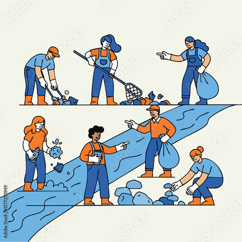 Flat Line Illustration of People Cleaning River Environment Concept Illustration