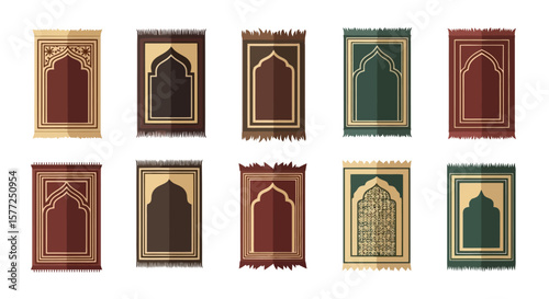 Collection of Traditional Islamic Prayer Rugs with Ornate Patterns and Diverse Colors
