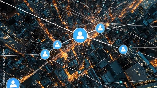Abstract urban cityscape with futuristic network connections and data transmission