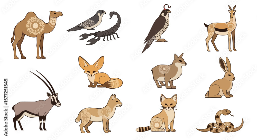 Obraz premium Desert Wildlife Vector Set: Arid Animals Collection. Camel, Fennec Fox, Falcon, Gazelle, Snake, Oryx, Scorpion, Hare Icons