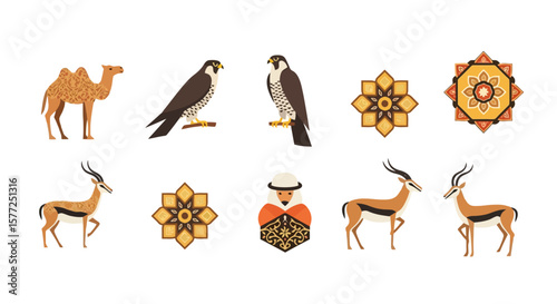 Desert Wildlife and Traditional Arabian Cultural Symbols Set
