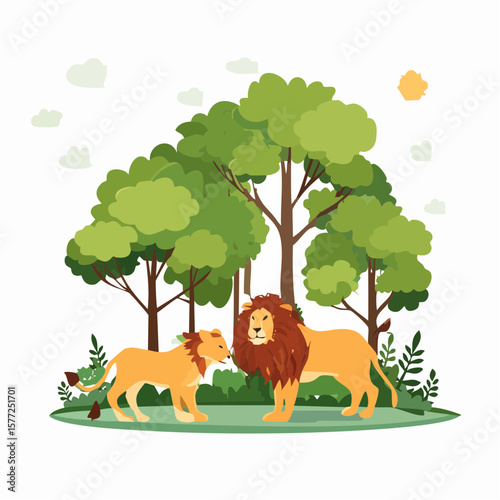 Majestic lions are standing in a colorful forest clearing, ideal for branding wildlife conservation groups and educational designs.