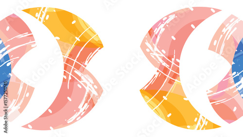 Two abstract shapes with orange, pink, and blue hues and white lines on a white background design