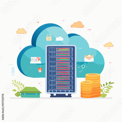 Data center in cloud with server racks and gold coins represents financial security for modern technology.