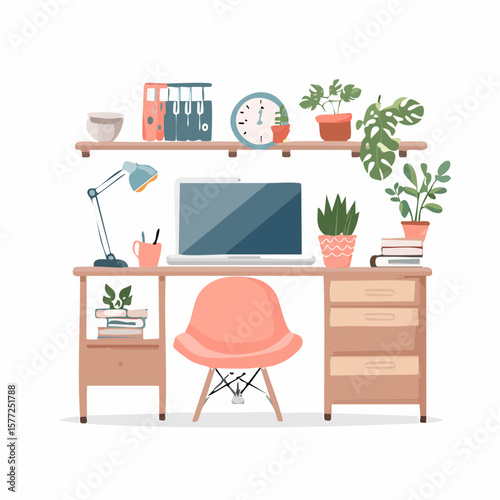 A cozy home office design with a laptop, desk, chair, plants and shelves, ideal for workspace mockups and creative project layouts.
