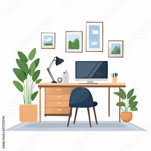 A cozy home office design features a desk, computer, chair, lamp, plants, and framed artwork for a comfortable workspace.