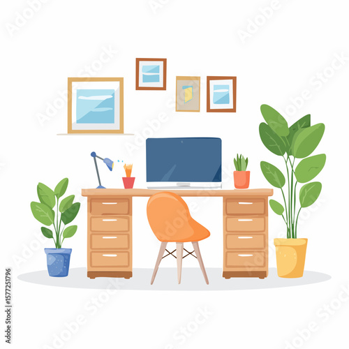 A cozy home office design with a desk, computer, chair and potted plants in a bright and modern graphic style.