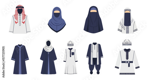 Diverse Traditional Middle Eastern and Islamic Attire Flat Vector Set