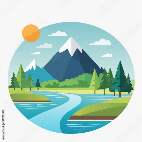 Serene landscape featuring mountains, river, trees and sun, ideal for nature-themed designs or promotional materials with a calming outdoor aesthetic.