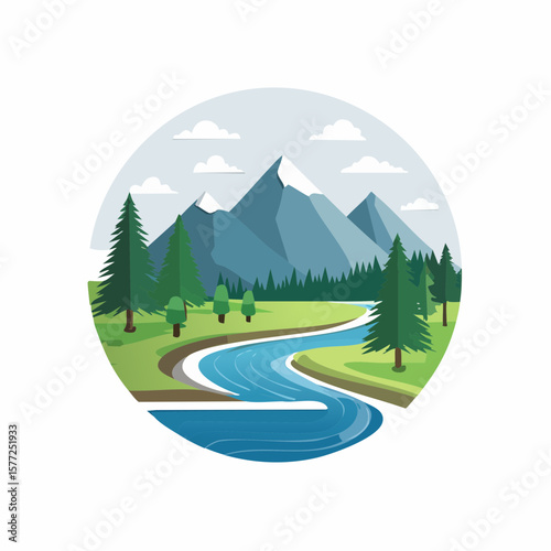 Scenic landscape design featuring mountains, a winding river, and lush forest pines, ideal for nature-themed designs.