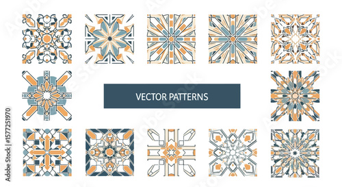 Abstract Geometric Vector Patterns Set. Decorative Symmetrical Tile Designs in Muted Blue and Orange Tones for Backgrounds and Textiles.