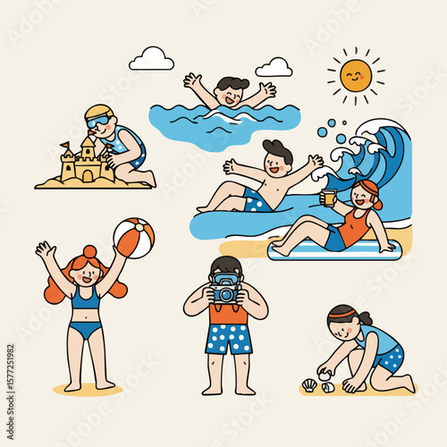 Cute Cartoon Style Summer Time Joyful People Having Fun Activities Illustration