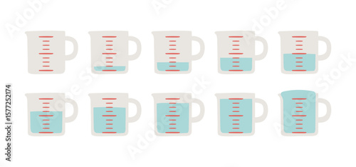 ひと目盛ずつの水が入った計量カップのイラストセット