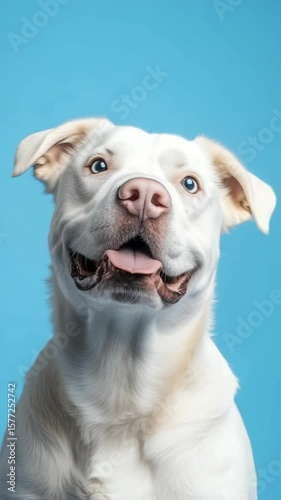 Happy dog with different colored eyes poses against blue backdrop in cheerful moment