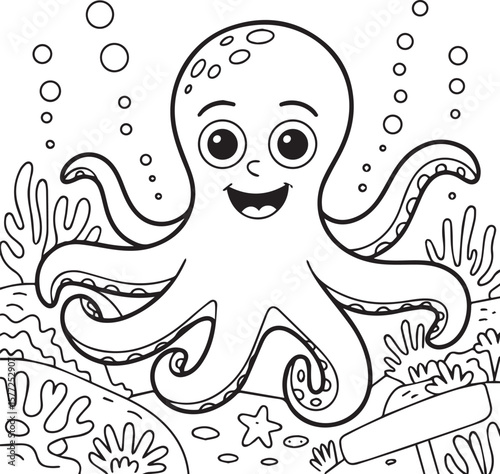 Cute octopus smiling with bubbles and coral in the ocean