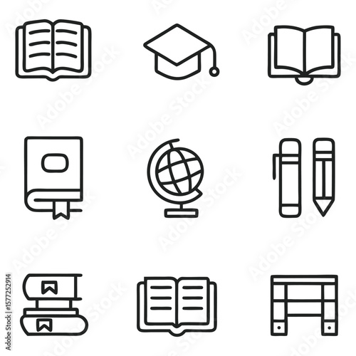 Education and school icon set , Books, globe, desk, stationery.Vector

