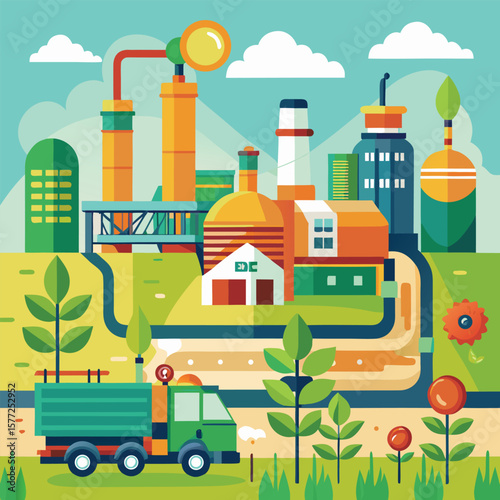 Modern flat illustration of an industrial factory and green sustainable environment
