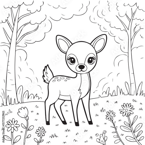 Cute Fawn in a Forest Clearing Coloring Page