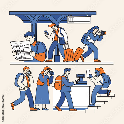 Modern Line Art Crowd of People Waiting at Train Station Illustration