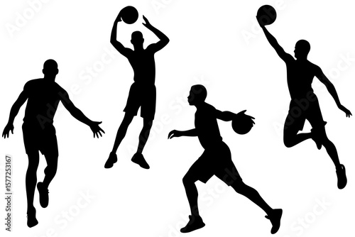 Silhouetted basketball players show action moves.
