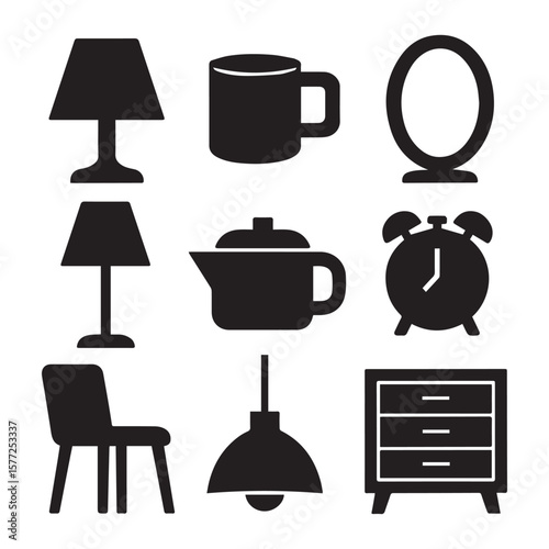 Collection of household objects and furniture in a clean silhouette style.