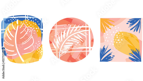 Watercolor botanical designs featuring leaves and abstract shapes in square circle forms artful display
