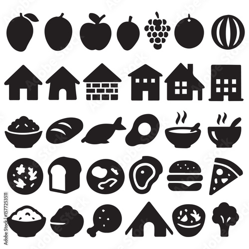 Collection of food and house icons representing healthy living and home silhouette.
