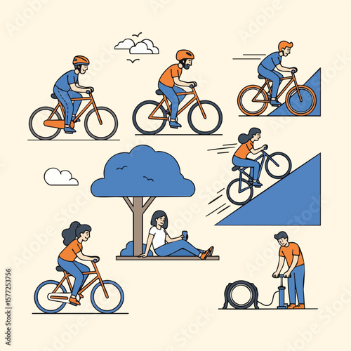 Flat Illustration People Riding Bicycle and Relaxing Under Tree Lifestyle