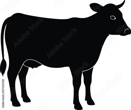 Black Silhouette of a Cow Standing in a Field Simple Vector Illustration of an Animal for Prints and Designs