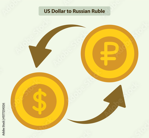Currency exchange illustration of US dollar and Russian ruble, flat icon vector of two gold coins with symbols and arrows, ideal for banking, forex trade, and financial service platform graphics