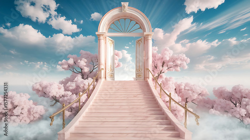A pink marble staircase leads to a grand arched doorway, surrounded by cherry blossom trees and mist, creating a serene, heavenly realm.