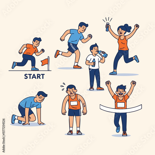 Flat Style Illustration Various Runner Character During Marathon Competition People