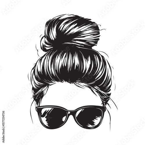 messy bun and sunglasses vector silhouette, Black and white silhouette of a messy bun hairstyle with sunglasses, Messy hair bun, vector woman silhouette. Beautiful girl drawing illustration