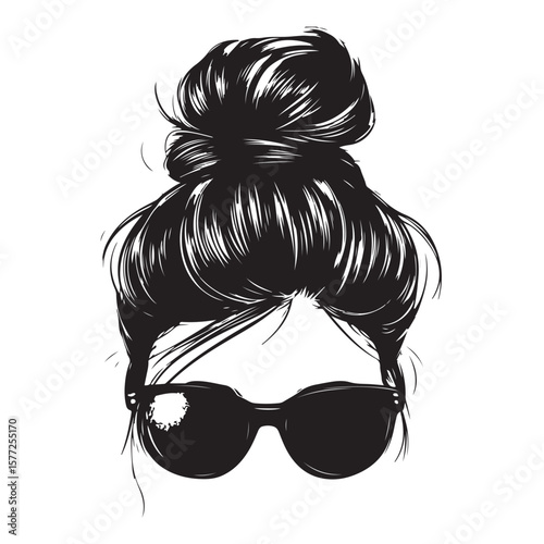 messy bun and sunglasses vector silhouette, Black and white silhouette of a messy bun hairstyle with sunglasses, Messy hair bun, vector woman silhouette. Beautiful girl drawing illustration