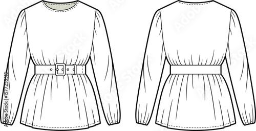 Long sleeve belted top technical sketch, vector fashion design drawing, women’s blouse with cinched waist, flat clothing illustration